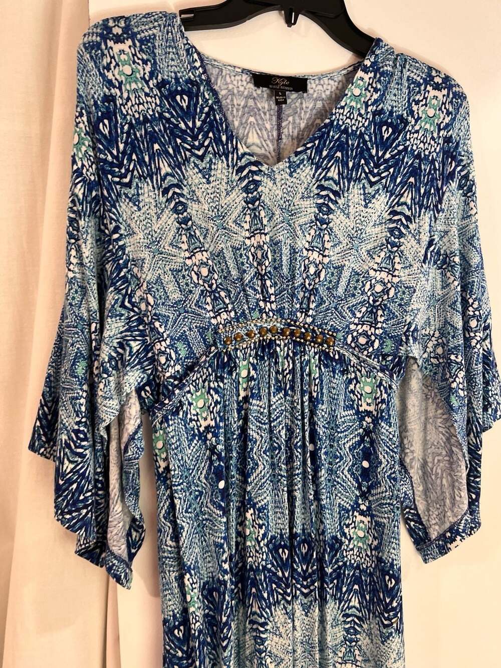 Kyle by Kyle Richards Blue Printed Beaded V-Neck Long Sleeve Maxi Dress Size L